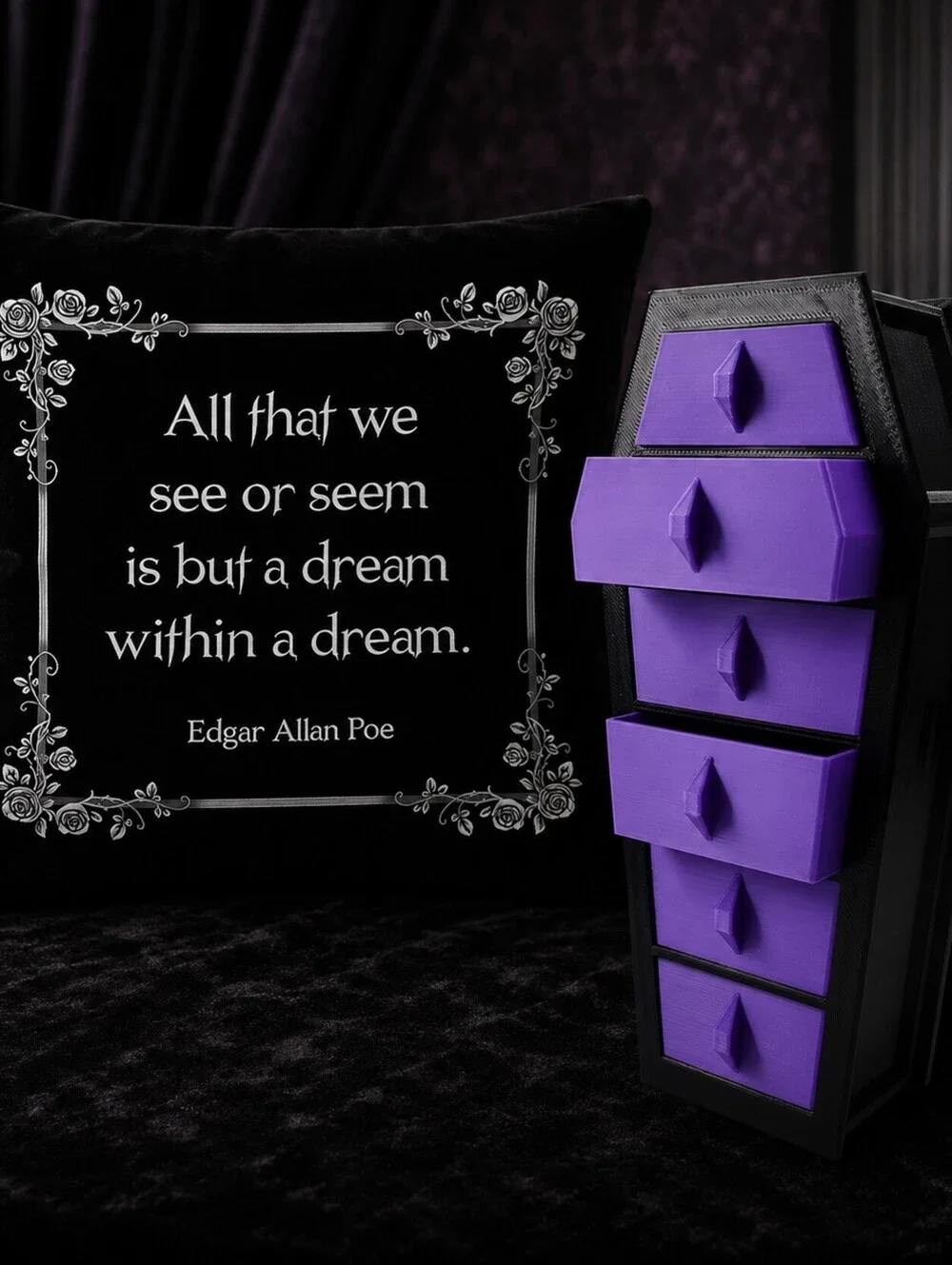 Edgar Allan Poe Quote Decorative Pillow with Coffin Shaped Storage Box